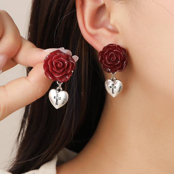 Vintage French Dark Red Enamel Rose Heart Cross Alloy Drop Studs Elegant Valentine's Jewelry Earrings