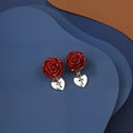Vintage French Dark Red Enamel Rose Heart Cross Alloy Drop Studs Elegant Valentine's Jewelry Earrings view 3