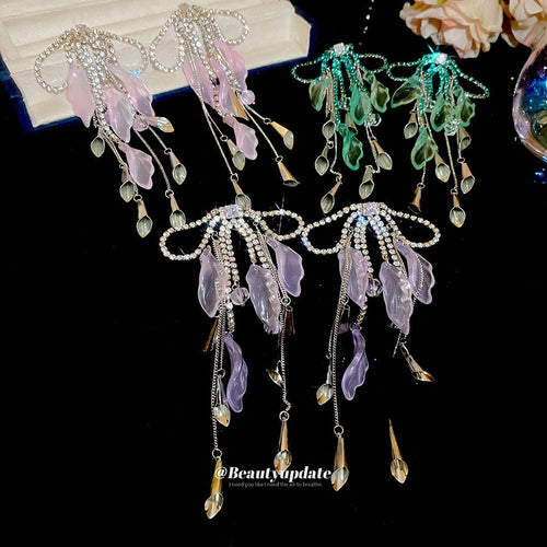 Acrylic Rhinestone Bow Tassel Drop Earrings For Women Beach Vacation Sweet Style