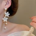 925 Sterling Silver Floral Rhinestone Pearl Tassel Drop Earrings Elegant Chic Women's Jewelry view 3