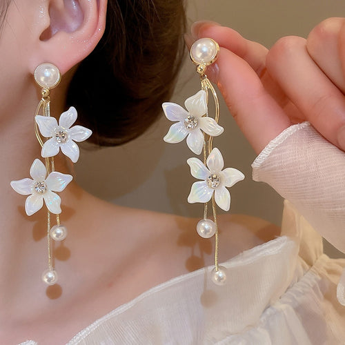 925 Sterling Silver Floral Rhinestone Pearl Tassel Drop Earrings Elegant Chic Women's Jewelry