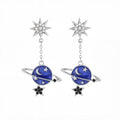 Elegant Blue Enamel Planet And Star Dangle Drop With Rhinestone Sunburst Alloy Silver Needle Earrings view 5