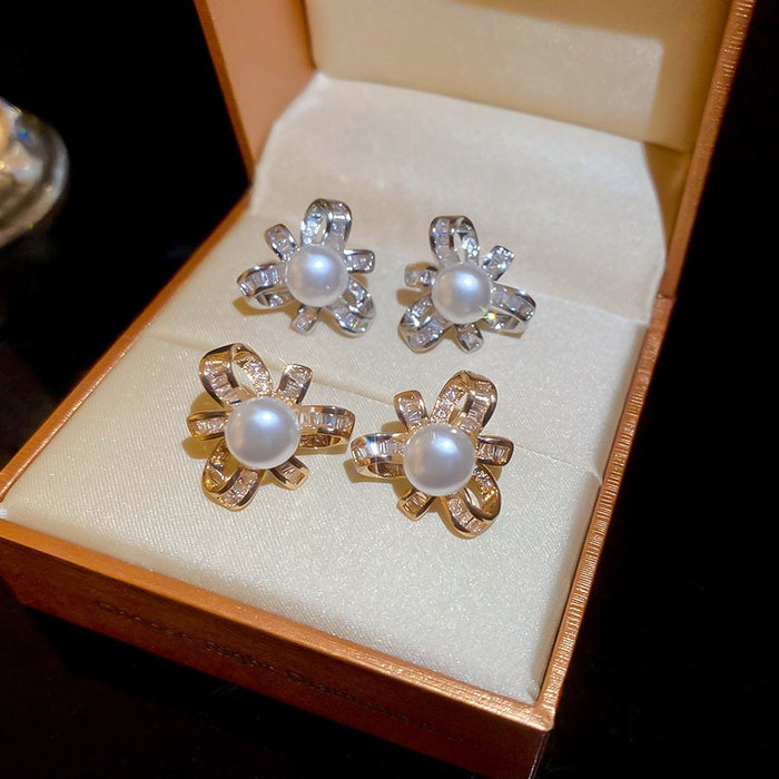 Light Luxury Copper Flower Stud Earrings With Zircon Micro Pave And Pearl Accents