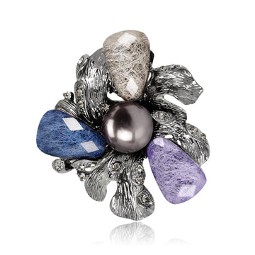 Blue Silver Tone Flower Pearl Look Metal Brooch Pin