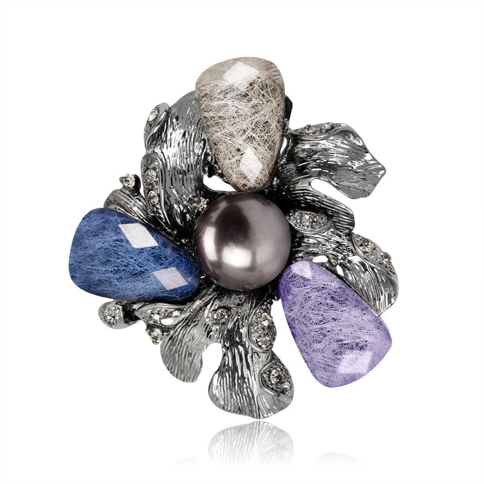 Blue Silver Tone Flower Pearl Look Metal Brooch Pin