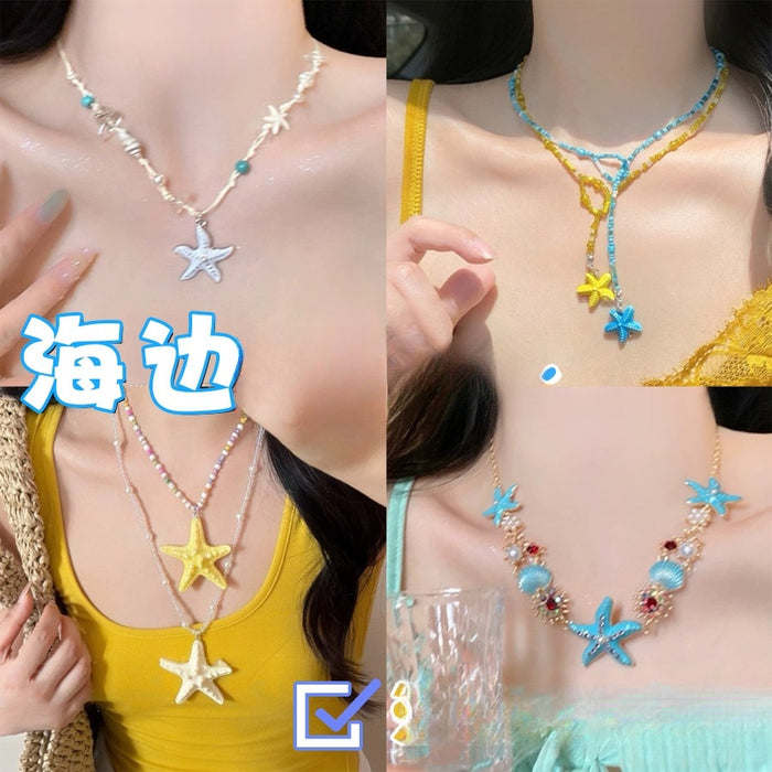 Zinc Alloy Shell Starfish Pendant Necklace For Women, Geometric Beach Vacation Style