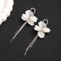 Elegant Silver Alloy Rhinestone Loop Shell Petal Long Chain Tassel Stud Drop Vacation Style Earrings view 2
