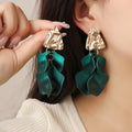 Luxury Vintage Hammered Alloy Triangle Studs With Teal Satin Rose Petal Long Tassel Drop Earrings view 1