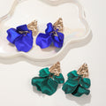 Luxury Vintage Hammered Alloy Triangle Studs With Teal Satin Rose Petal Long Tassel Drop Earrings view 2