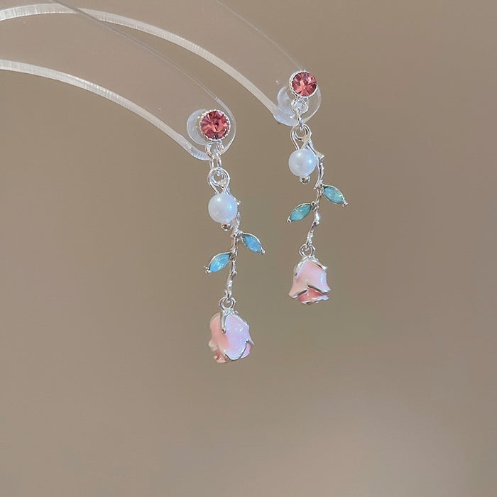 Pink Enamel Rose Flower Alloy Stud Earrings With Silver Posts Sweet Luxury Style