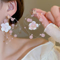 Fresh Floral Glass Drop Earrings With Silver Pin And Fabric Long Tassel Light Luxury Jewelry view 3