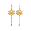 Elegant Light Luxury Vintage Gold Alloy Filigree Lotus Flower Drop Chain Ball Dangle Hook Earrings view 5