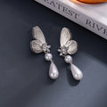 Elegant Gold Alloy Half Butterfly Rhinestone Flower Pearl Teardrop Tassel Dangle Drop Earrings view 3