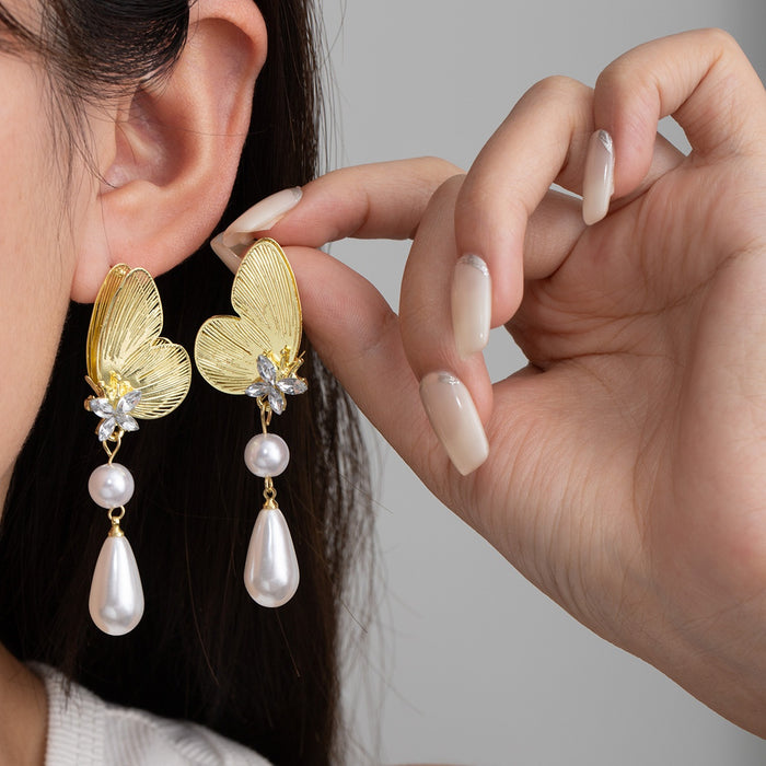 Elegant Gold Alloy Half Butterfly Rhinestone Flower Pearl Teardrop Tassel Dangle Drop Earrings