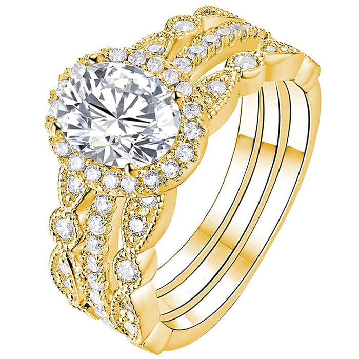 Three Piece Oval Ring Set For Wedding, Fashion French Style Elegant Bridal Finger Jewelry