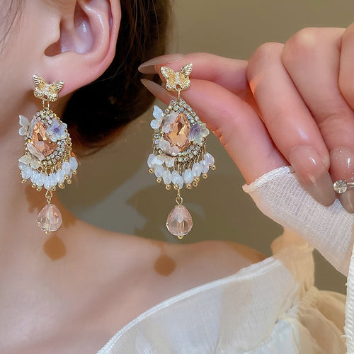 Vintage Court Style Teardrop Crystal Tassel Drop Earrings With Silver Pins