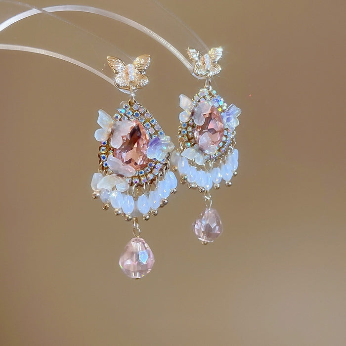 Vintage Court Style Teardrop Crystal Tassel Drop Earrings With Silver Pins