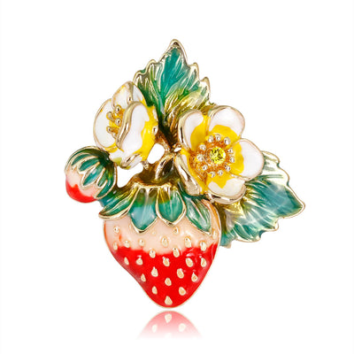 Front product view of the strawberry brooch pin in gold and green