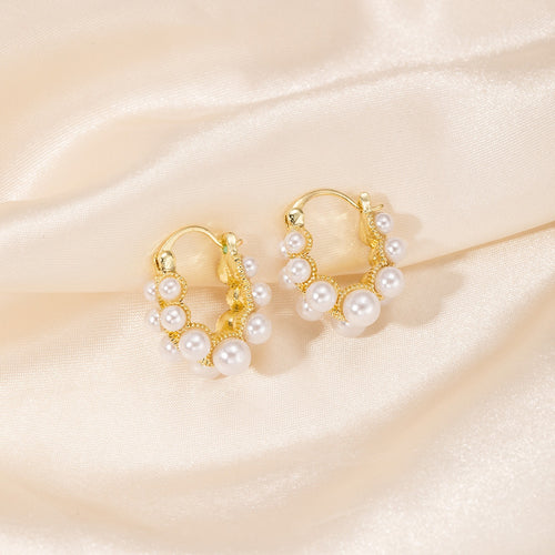 French Luxury Double Row Hoop Pearl Alloy Earrings For Women Elegant Minimalist Stud Earrings
