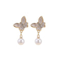 Elegant Zircon Butterfly Pearl Drop Studs For Women, Gold Tone Enamel Luxury Fashion Earrings view 5
