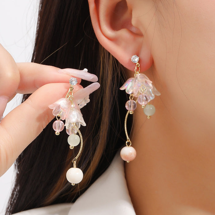 Elegant Pink Lily Of The Valley Flower Alloy Rhinestone Acrylic Petal Pearl Drop Stud Earrings