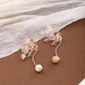 Elegant Pink Lily Of The Valley Flower Alloy Rhinestone Acrylic Petal Pearl Drop Stud Earrings view 3