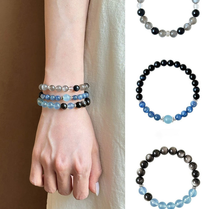 Natural Moonstone Silver Sheen Obsidian Beaded Bangle Minimalist Geometric Bracelet For Women