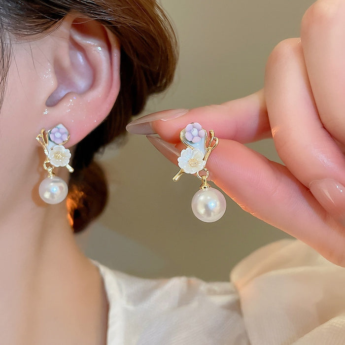 925 Sterling Silver Enamel Flower Pearl Stud Earrings Chic Geometric Light Luxury Ear Jewelry