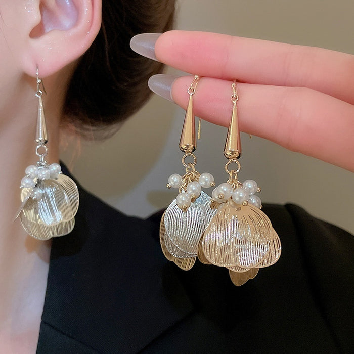 Chic Copper Hollow Petal Pearl Tassel Drop Earrings Geometric Ear Hook Fashion Jewelry