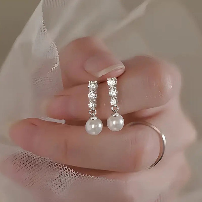 Gentle Lady Faux Pearl Drop Earrings With Geometric Round Zircon, Elegant Fashion Women Jewelry