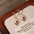 Elegant New Chinese Pink Enamel Drip Flower Pearl Gold Hoop Dangle Earrings view 3