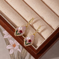 Elegant New Chinese Pink Enamel Drip Flower Pearl Gold Hoop Dangle Earrings view 2