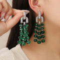 Luxury Vintage Rhinestone Alloy Hoop Green Crystal Beaded Tassel Long Drop Statement Earrings view 1