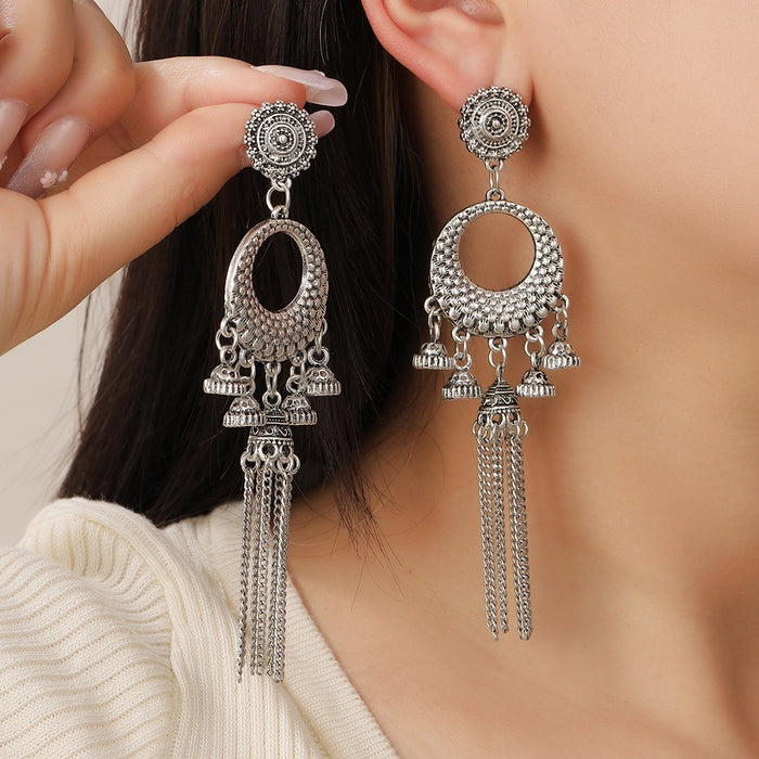 Vintage Bohemian Alloy Round Hoop Bell Tassel Drop Earrings For Women Ethnic Long Dangle Statement Earrings