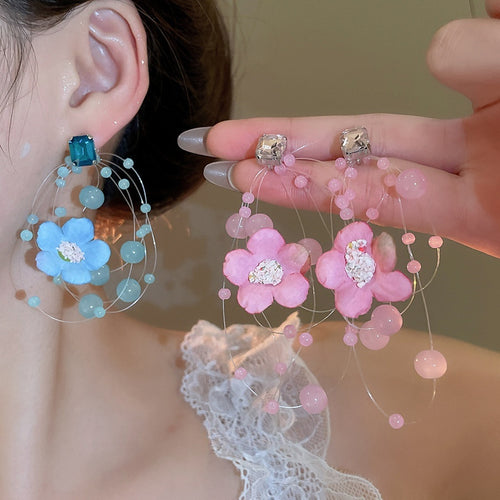 Glass Rhinestone Fabric Flower Tassel Drop Earrings With Silver Needle Fresh Beach Vacation Style