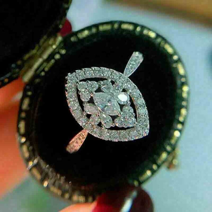 Marquise Geometric Floral Zircon Ring For Women, Elegant Sparkling Statement Fashion Jewelry