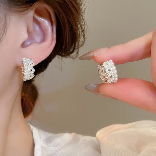 Light Luxury French Style Crown Lace Floral Faux Pearl Ear Cuff Earrings