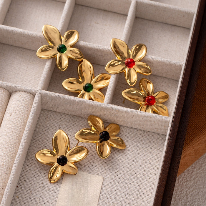 Elegant Gold Alloy Flower Shape With Glossy Petals And Colored Crystal Center Stud Earrings