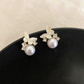 Light Luxury French Butterfly Faux Pearl Stud Earrings With Rhinestone Enamel Geometric Design view 2