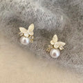 Light Luxury French Butterfly Faux Pearl Stud Earrings With Rhinestone Enamel Geometric Design view 4