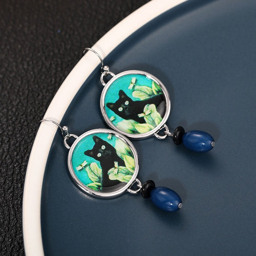 Cat Drop Earrings With Oval Geometric Pendant, Vintage Artistic Elegant Earrings For Women
