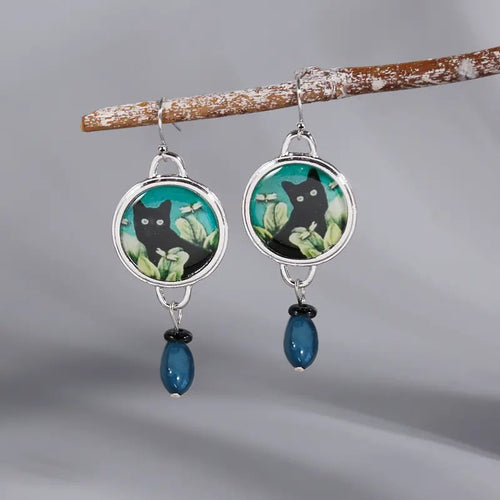 Cat Drop Earrings With Oval Geometric Pendant, Vintage Artistic Elegant Earrings For Women