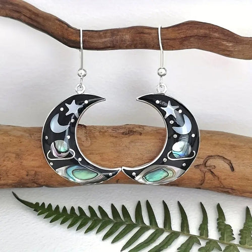 Electroplated Metal Moon And Planet Drop Earrings For Women, Vintage Elegant Fashion Jewelry