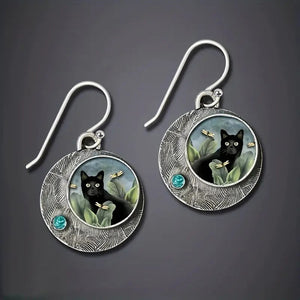 Alloy Maillard Style Cat Drop Earrings, Vintage Artistic Ethnic Fashion Earrings For Women