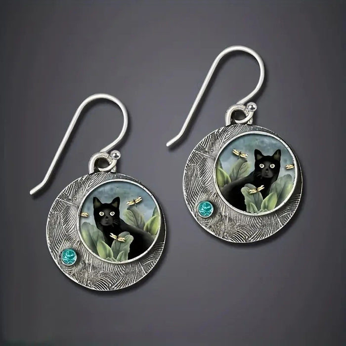 Alloy Maillard Style Cat Drop Earrings, Vintage Artistic Ethnic Fashion Earrings For Women