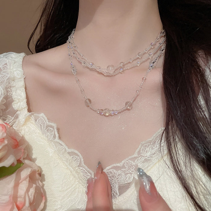 Layered Glass Bead Necklace For Women, Geometric Round Beaded Choker With Minimalist Luxury Style