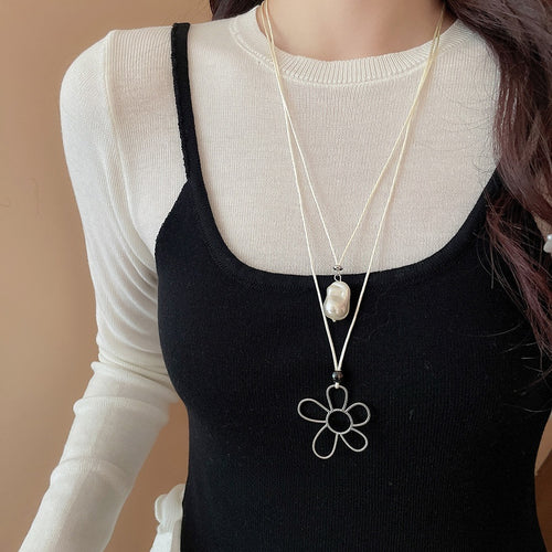Minimalist Floral Faux Pearl Pea Pendant Sweater Necklace For Women Korean Style Clavicle Chain