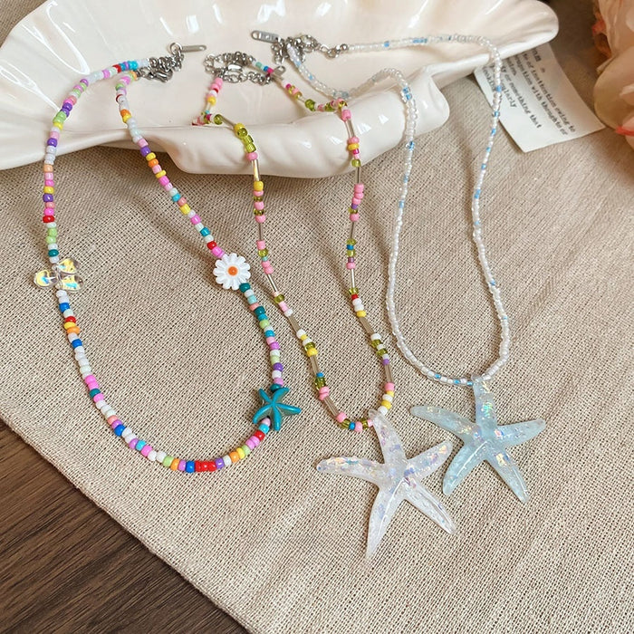 Colorful Resin Starfish Flower Necklace For Women Beach Vacation Layered Collarbone Style