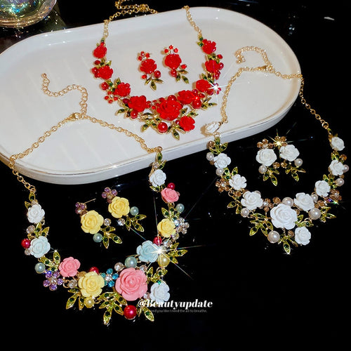 Rhinestone Flower Leaf Faux Pearl Necklace Sweet Forest Style Elegant Clavicle Chain