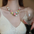 Rhinestone Flower Leaf Faux Pearl Necklace Sweet Forest Style Elegant Clavicle Chain view 1